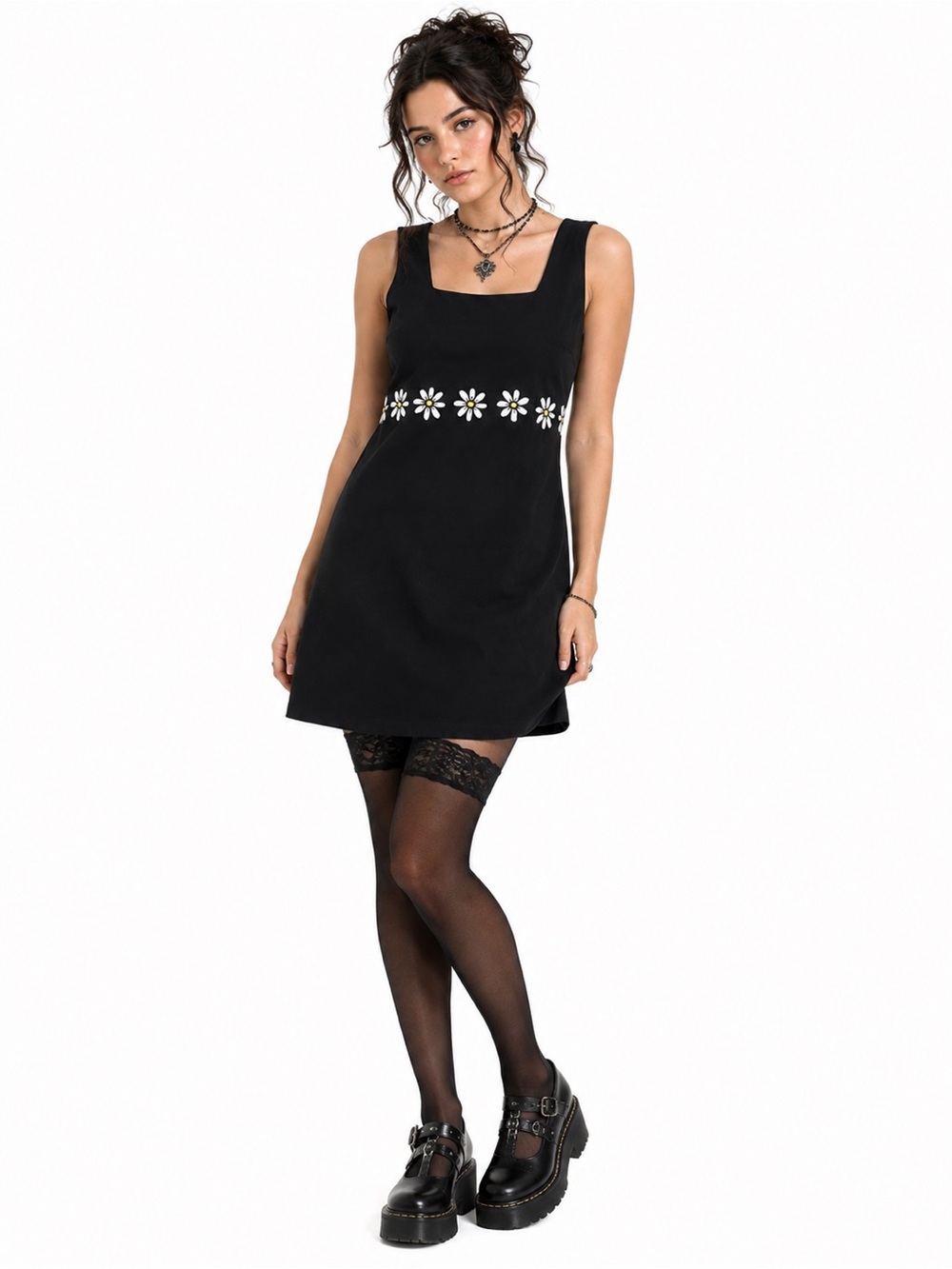 Vintage 90s AGB Black Daisy Embroidered Linen Blend Mini Shift Dress 10